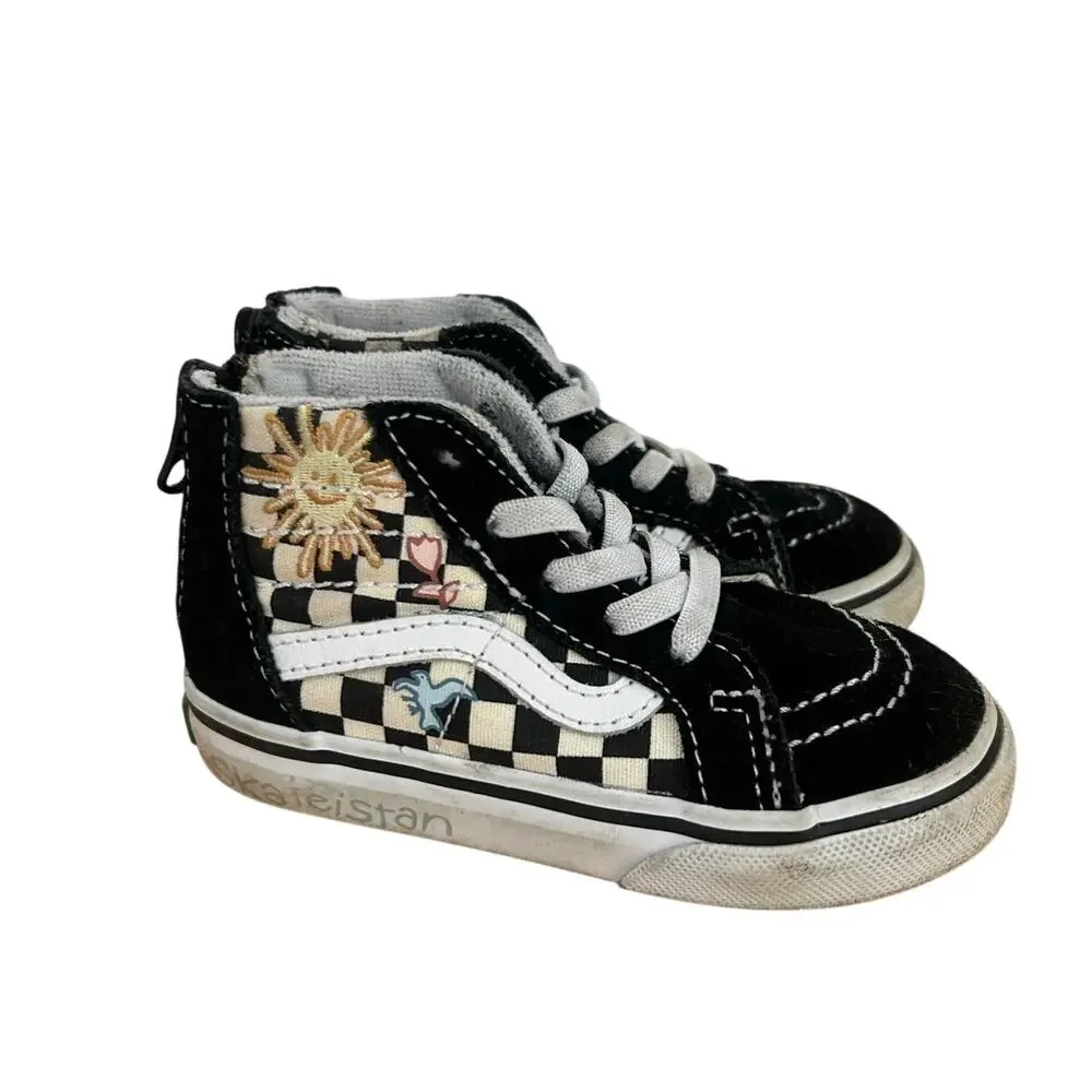 Vans x Skateistan Toddler Sk8‑Hi Black Checkered Sneakers Size 6.5 Embroidered
